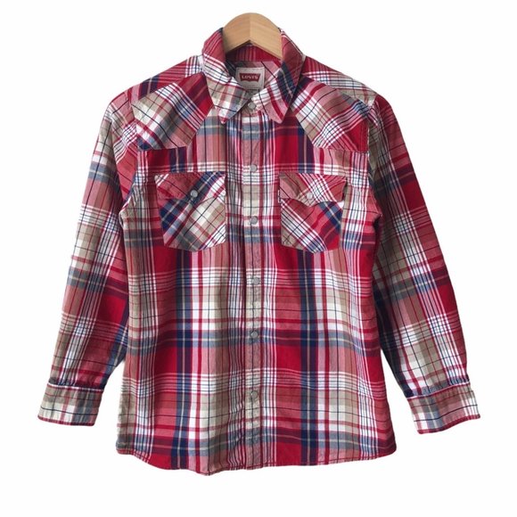 Levi’s Boys Red Plaid Pearl Snap Button Down Shirt - Picture 1 of 9
